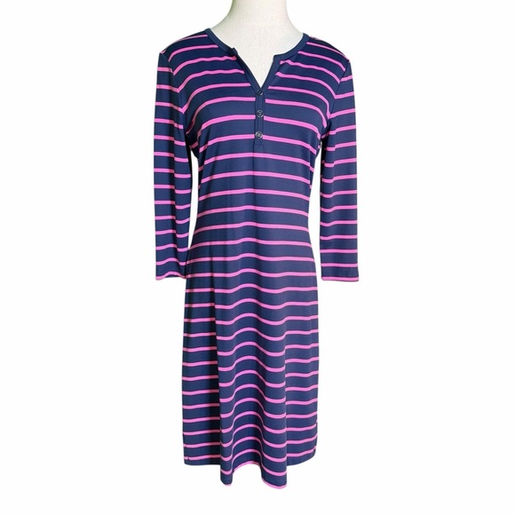 J. McLaughlin ‘Lynn’ Henley Dress in Navy Blue & Pink Stripe with Button Bust S - Picture 2 of 14
